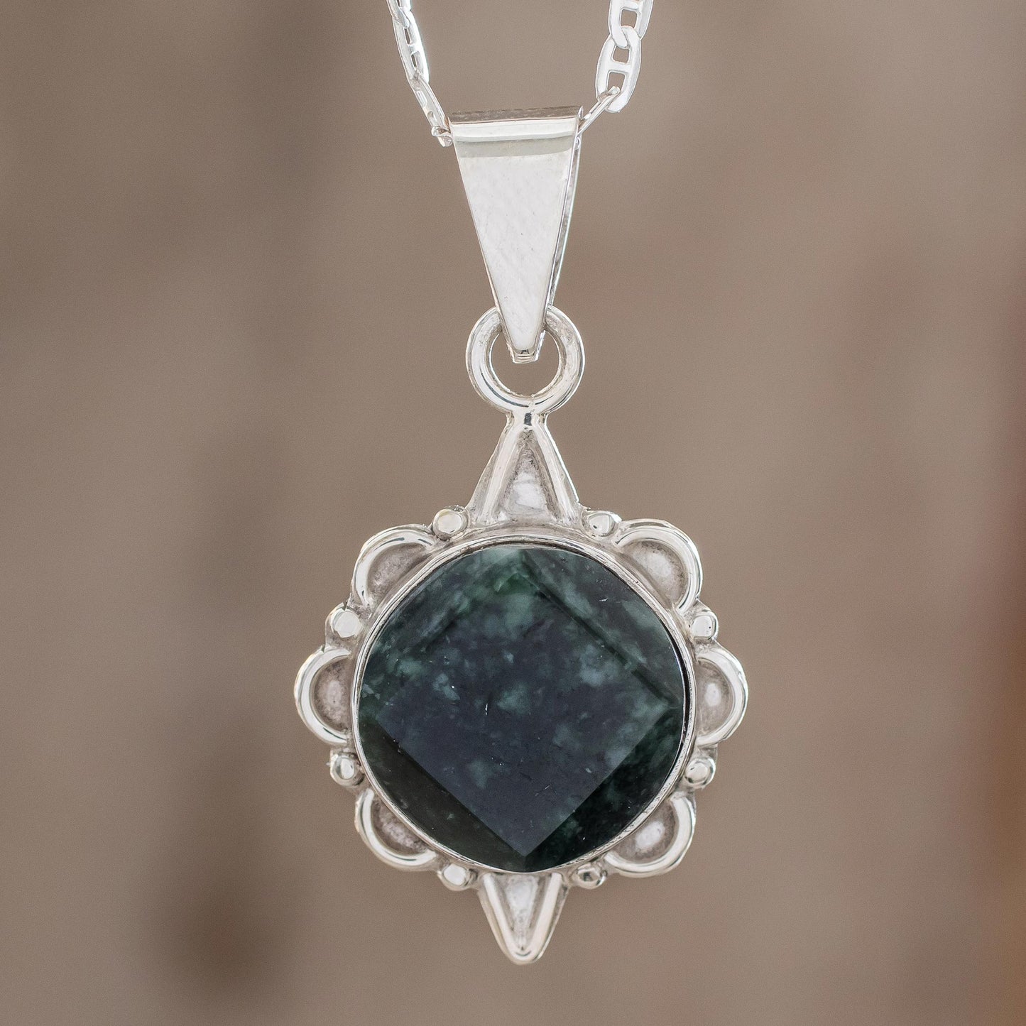 North and South Dark Green Guatemalan Jade Necklace in Sterling Silver