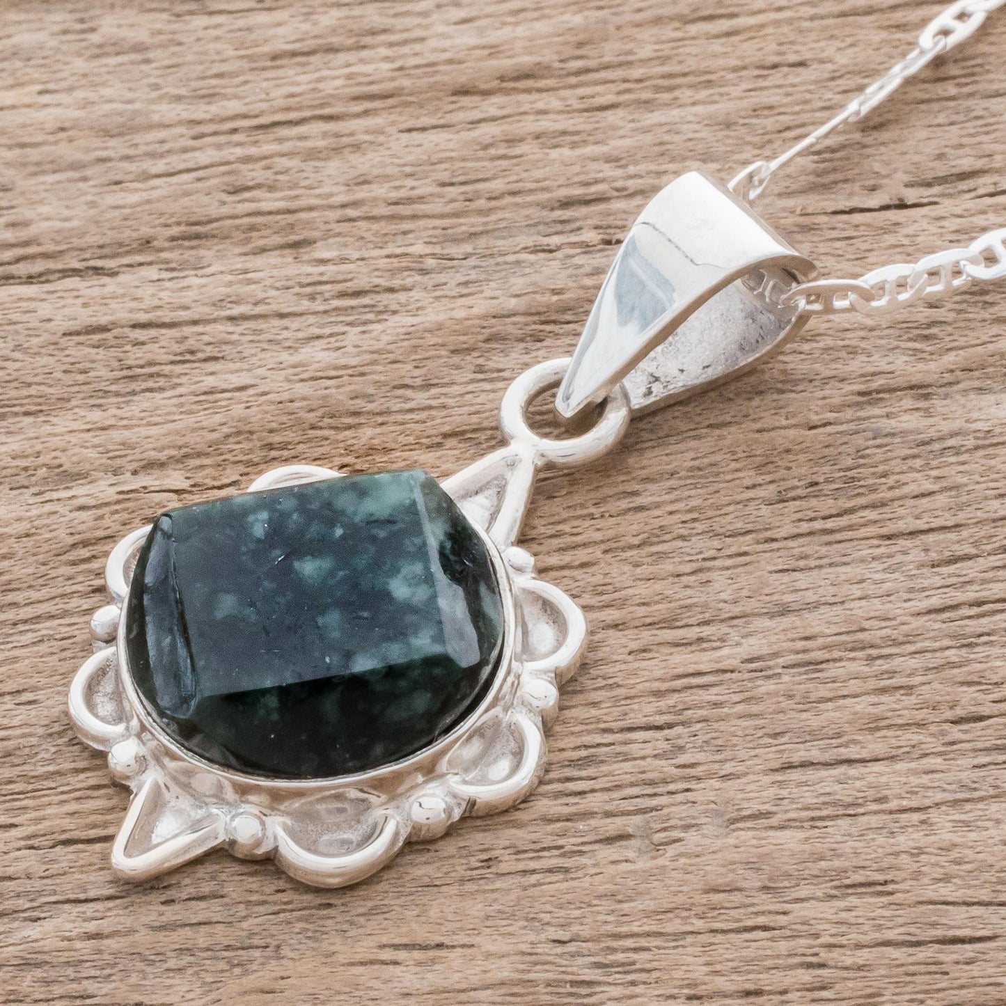 North and South Dark Green Guatemalan Jade Necklace in Sterling Silver