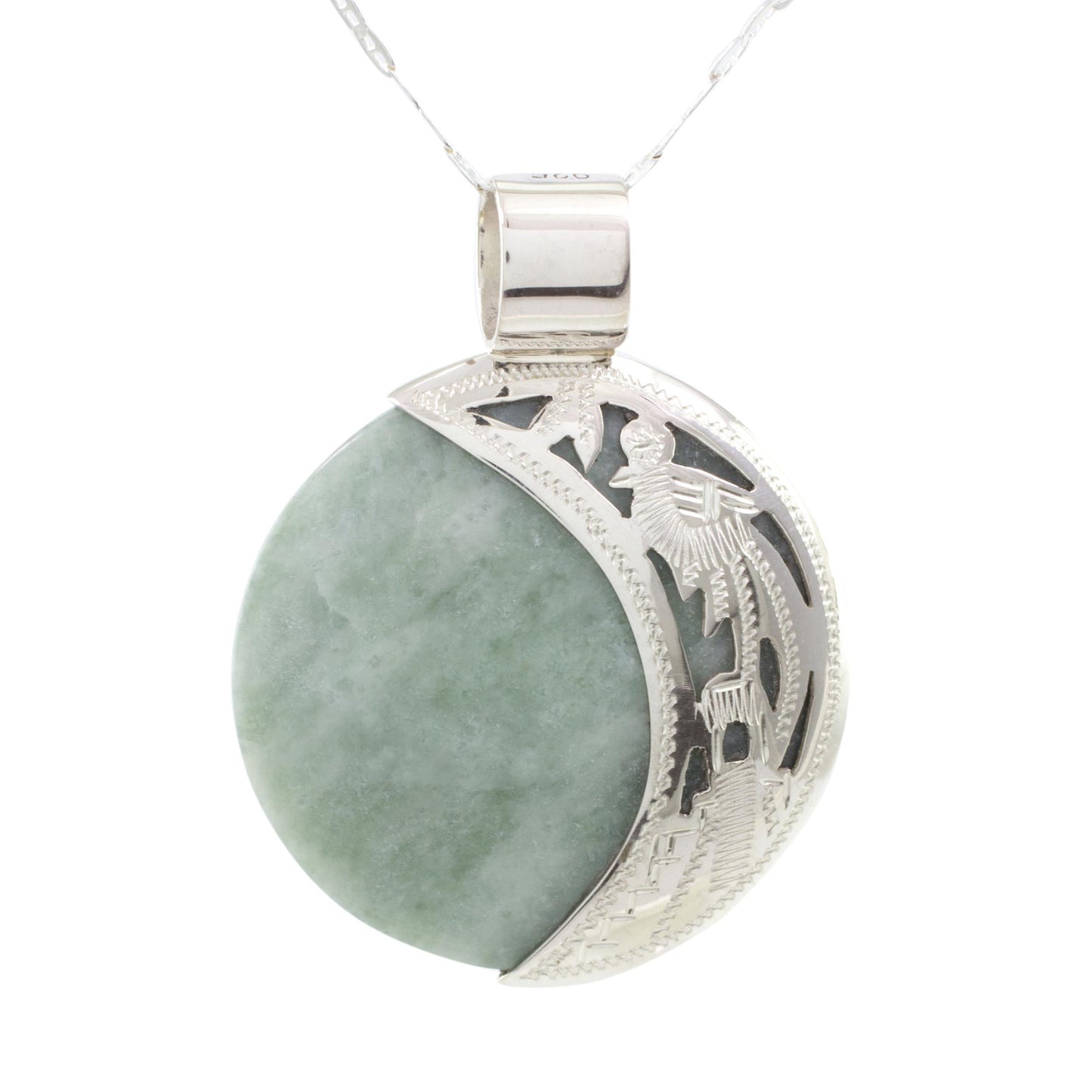 Quetzal Lord Eclipse Reversible Silver Pendant Necklace with 2 Shades Green Jade