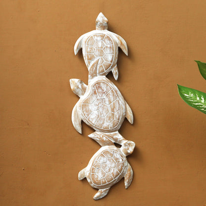 Sea Turtle Trio Antiqued White Wood Turtle Theme Relief Panel Carving