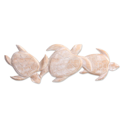 Sea Turtle Trio Antiqued White Wood Turtle Theme Relief Panel Carving
