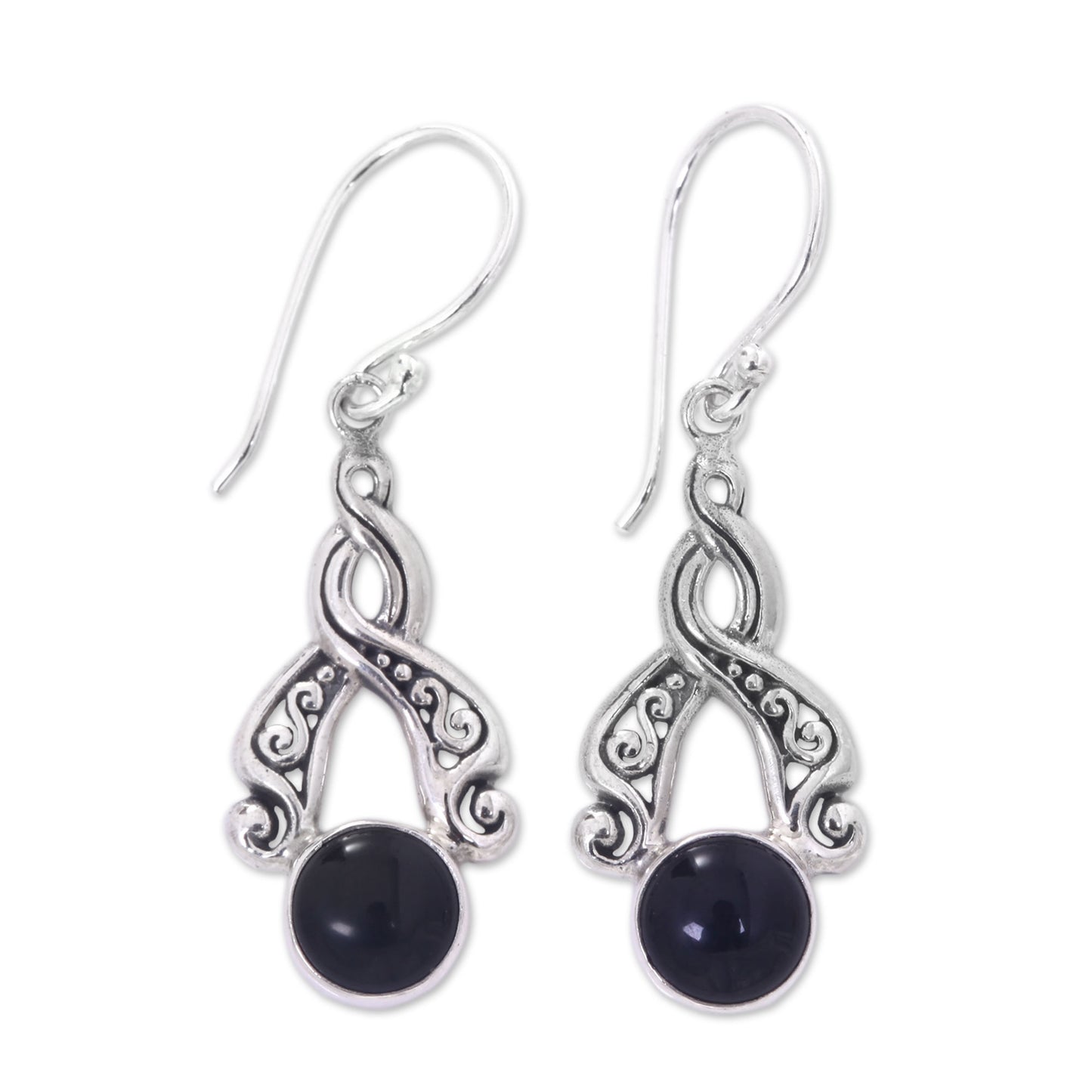 Midnight Embrace Handcrafted Silver and Onyx Dangle Earrings from Bali