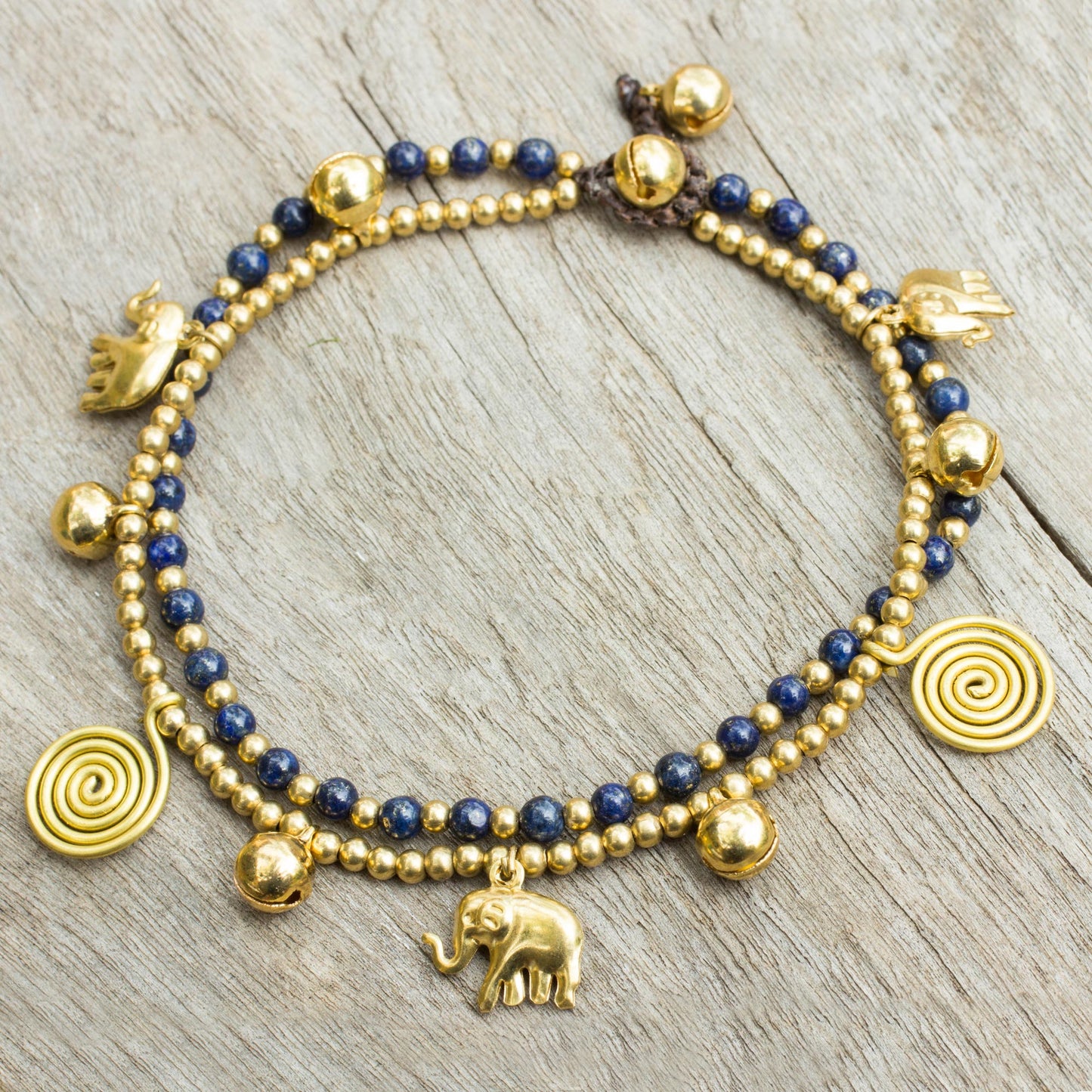 Elephant Bells Bell Anklet with Brass Charms and Lapis Lazuli