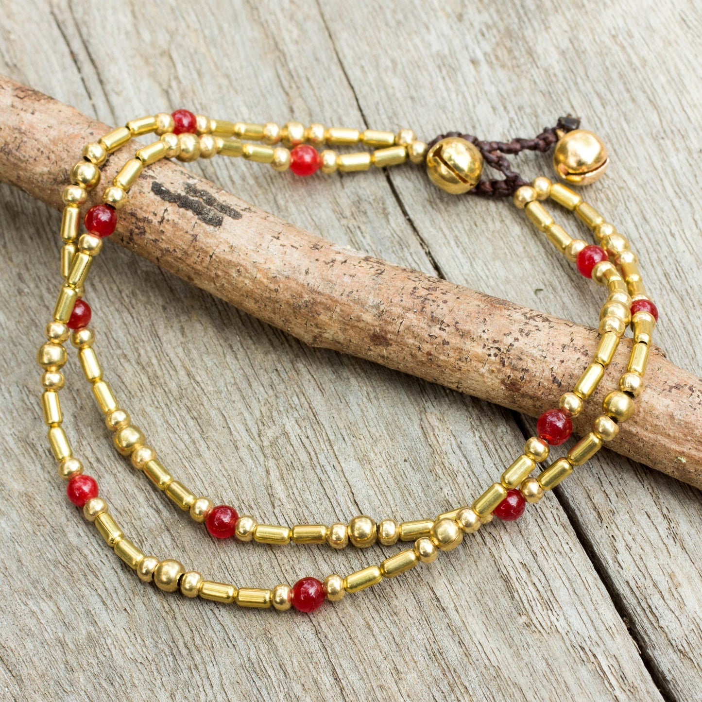 Golden Bell Double Strand Brass Bead Anklet with Red Quartz Beads