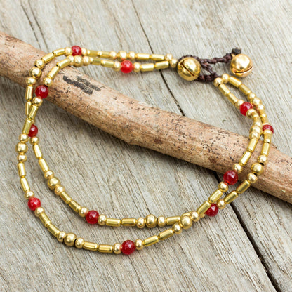 Golden Bell Double Strand Brass Bead Anklet with Red Quartz Beads