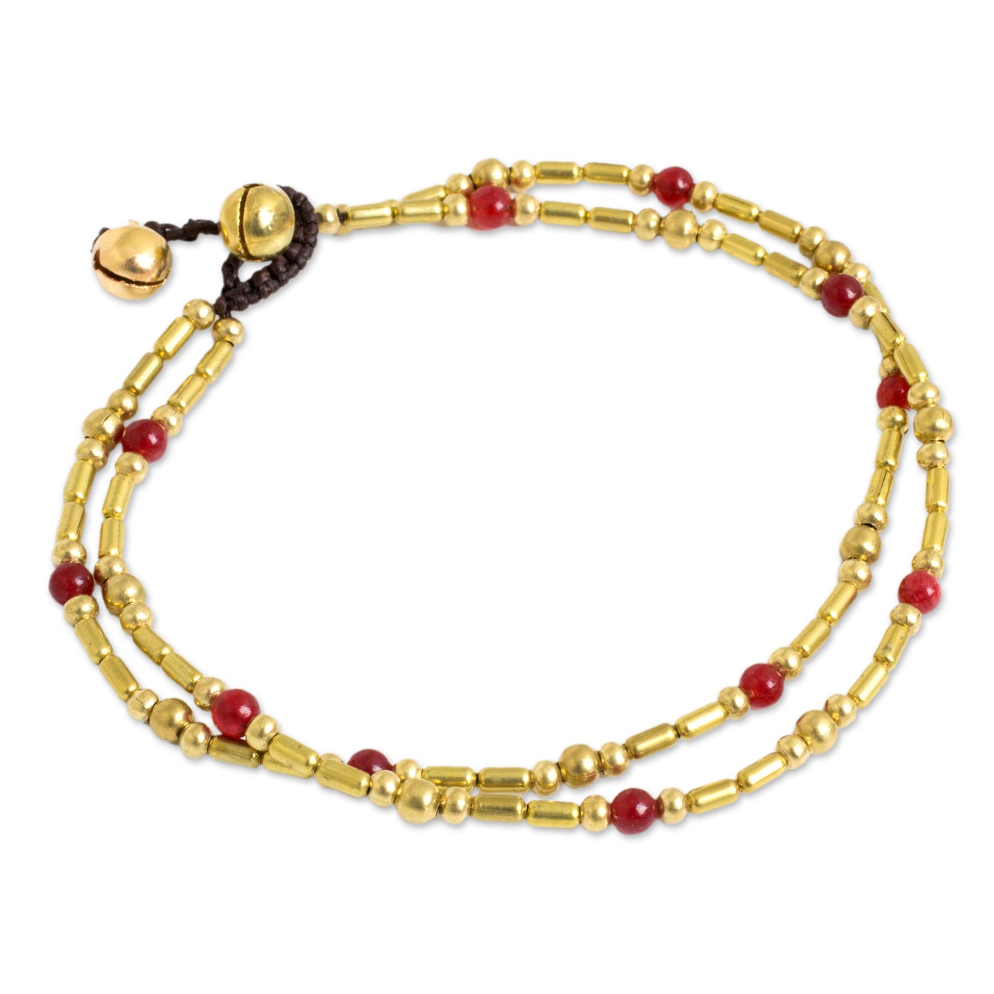 Golden Bell Double Strand Brass Bead Anklet with Red Quartz Beads
