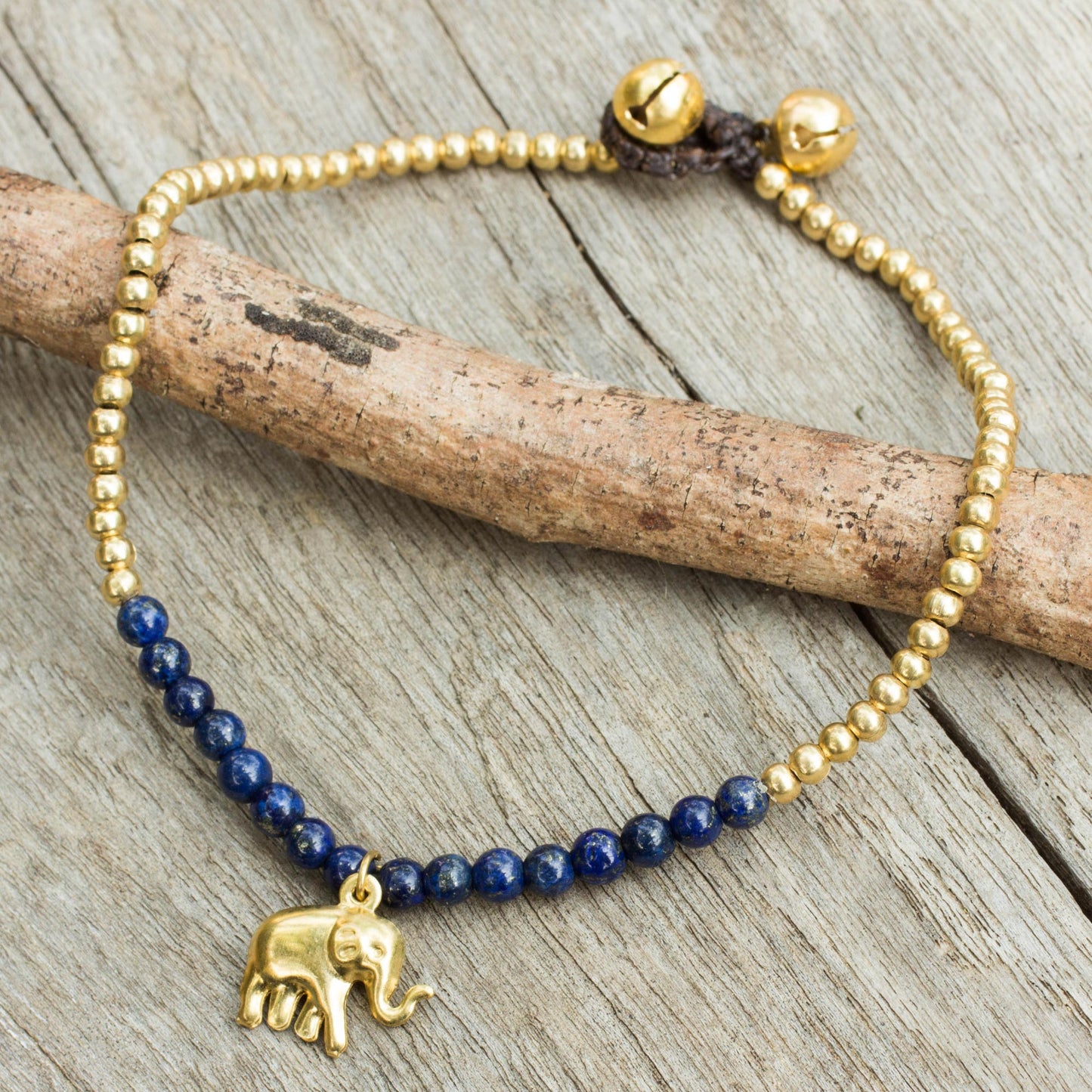 Stylish Elephant Lapis Lazuli Elephant Charm Beaded Brass Anklet