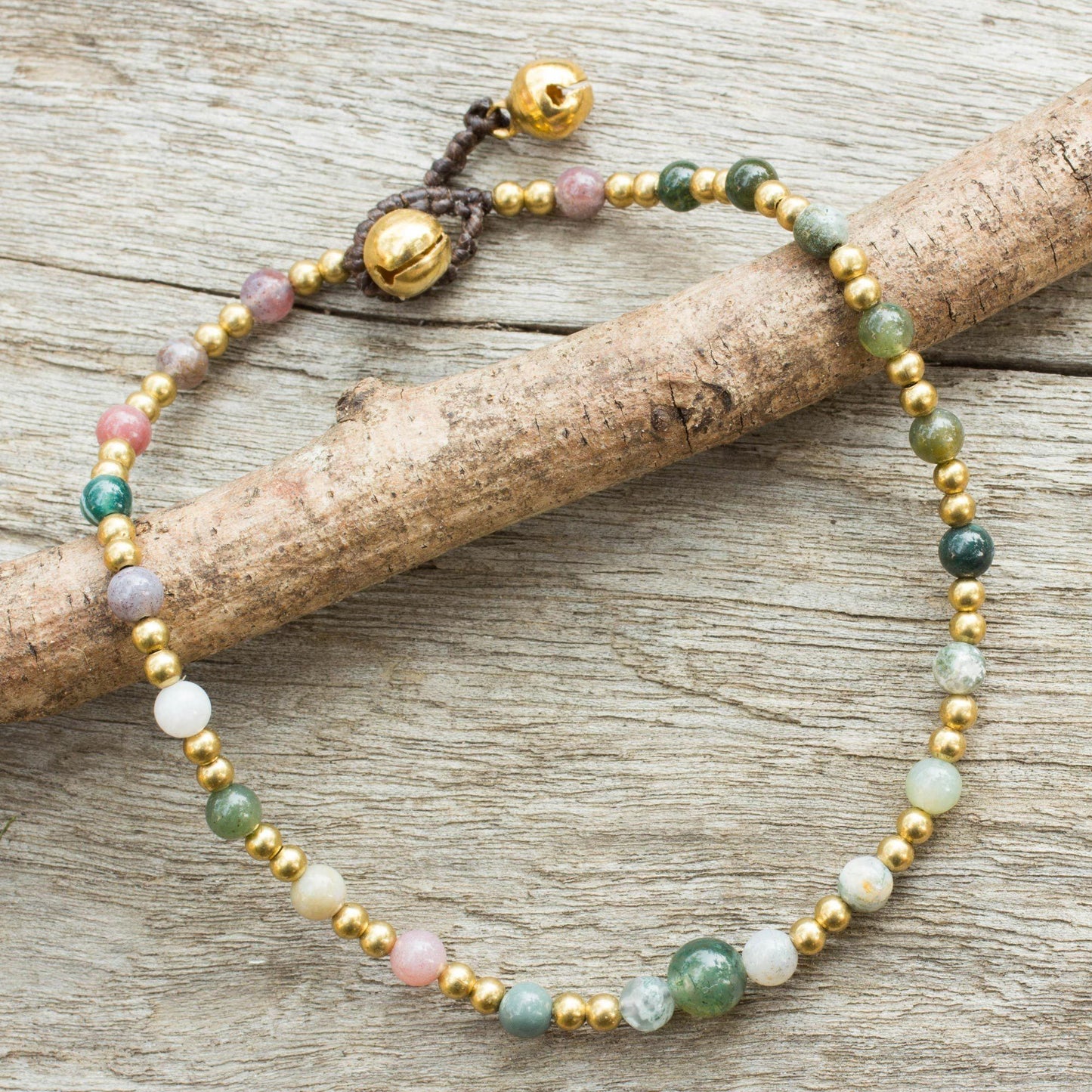 NOVICA - Agate Multicolor & Bells Anklet