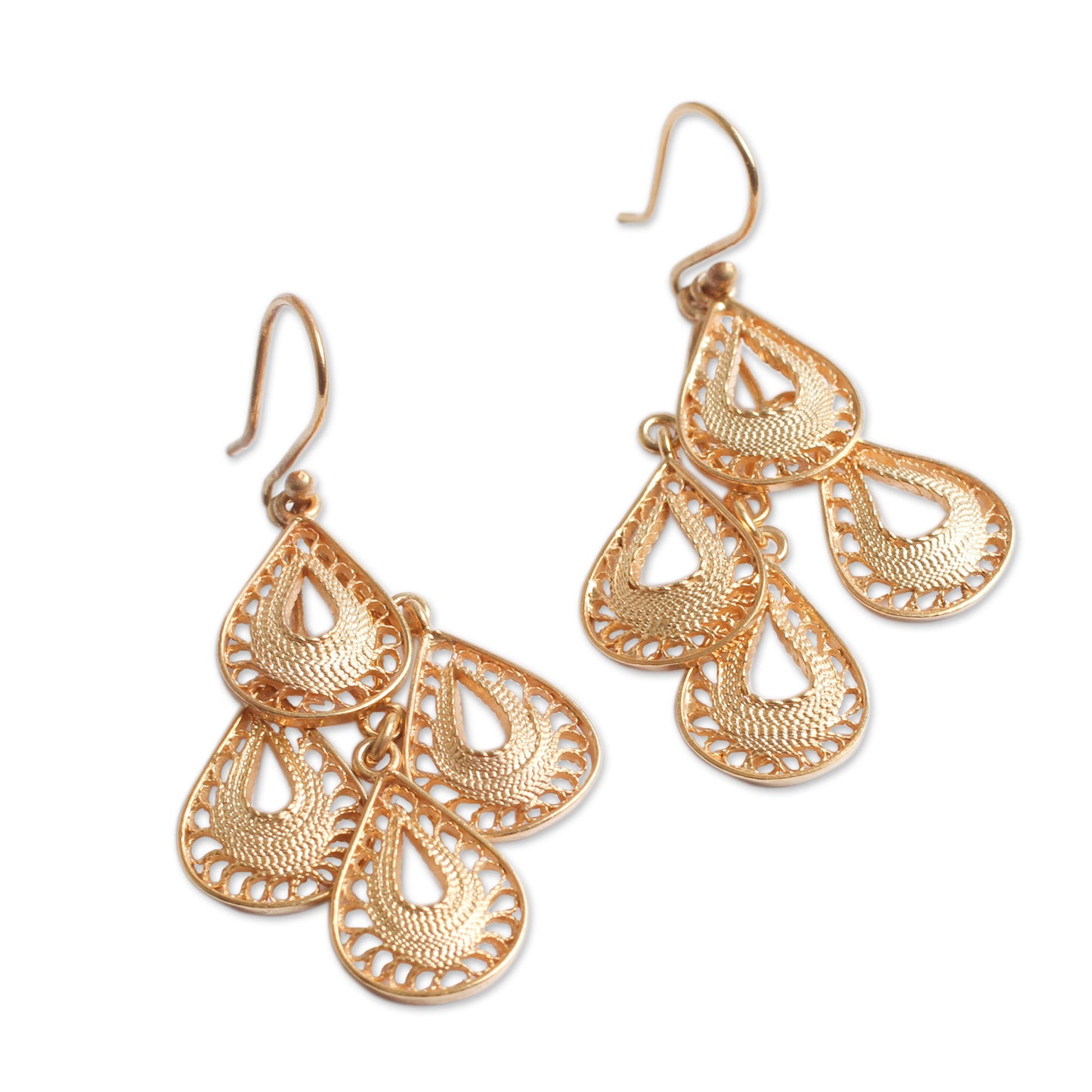 Raindrop Cascade Gold Vermeil Handcrafted Filigree Chandelier Earrings