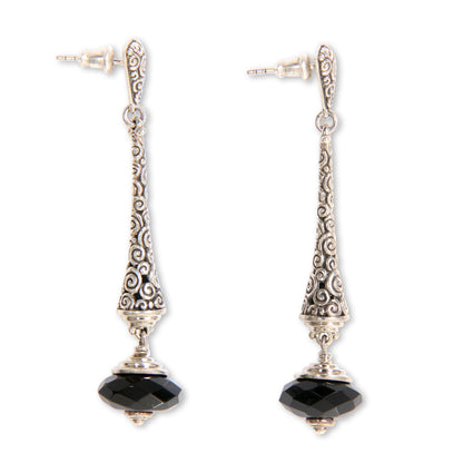 Borobudur Chimes 2.5-inch Long Sterling Silver Earrings with Onyx from Bali