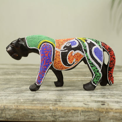 Panther Realm Wood Panther Sculpture with Elephant and Bird Beadwork