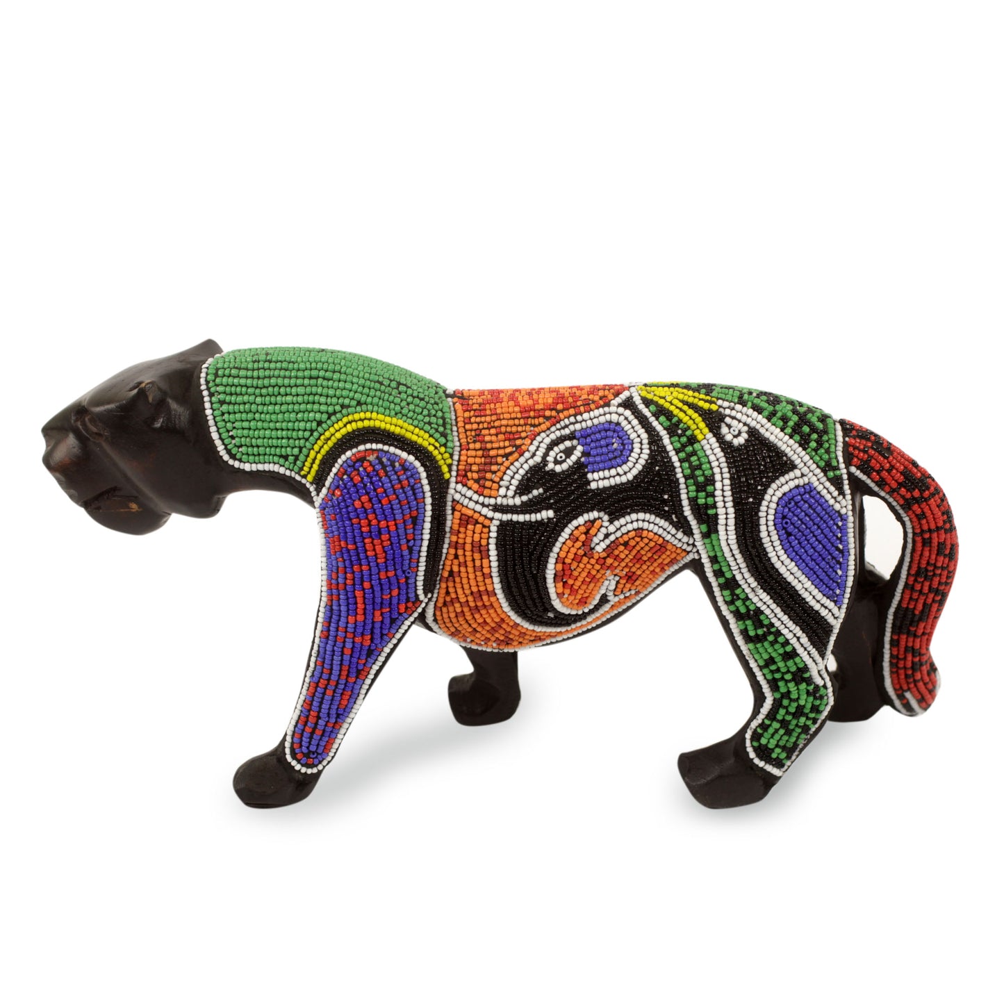 Panther Realm Wood Panther Sculpture with Elephant and Bird Beadwork