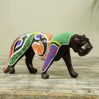 Panther Realm Wood Panther Sculpture with Elephant and Bird Beadwork