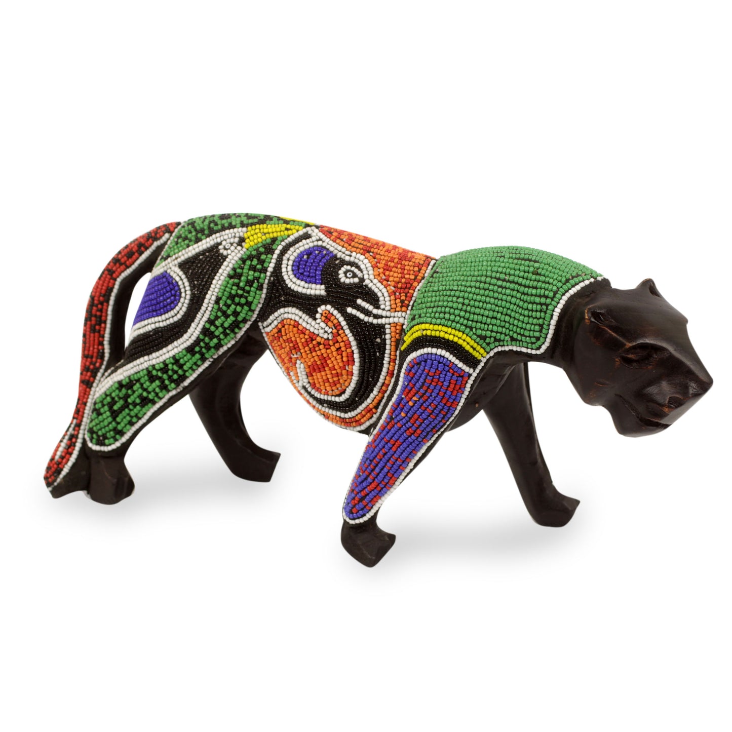 Panther Realm Wood Panther Sculpture with Elephant and Bird Beadwork