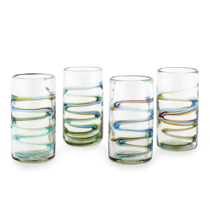 Rainbow Ripple Tumbler Glasses Hand Blown Glass Art 11 oz  (Set of 4)