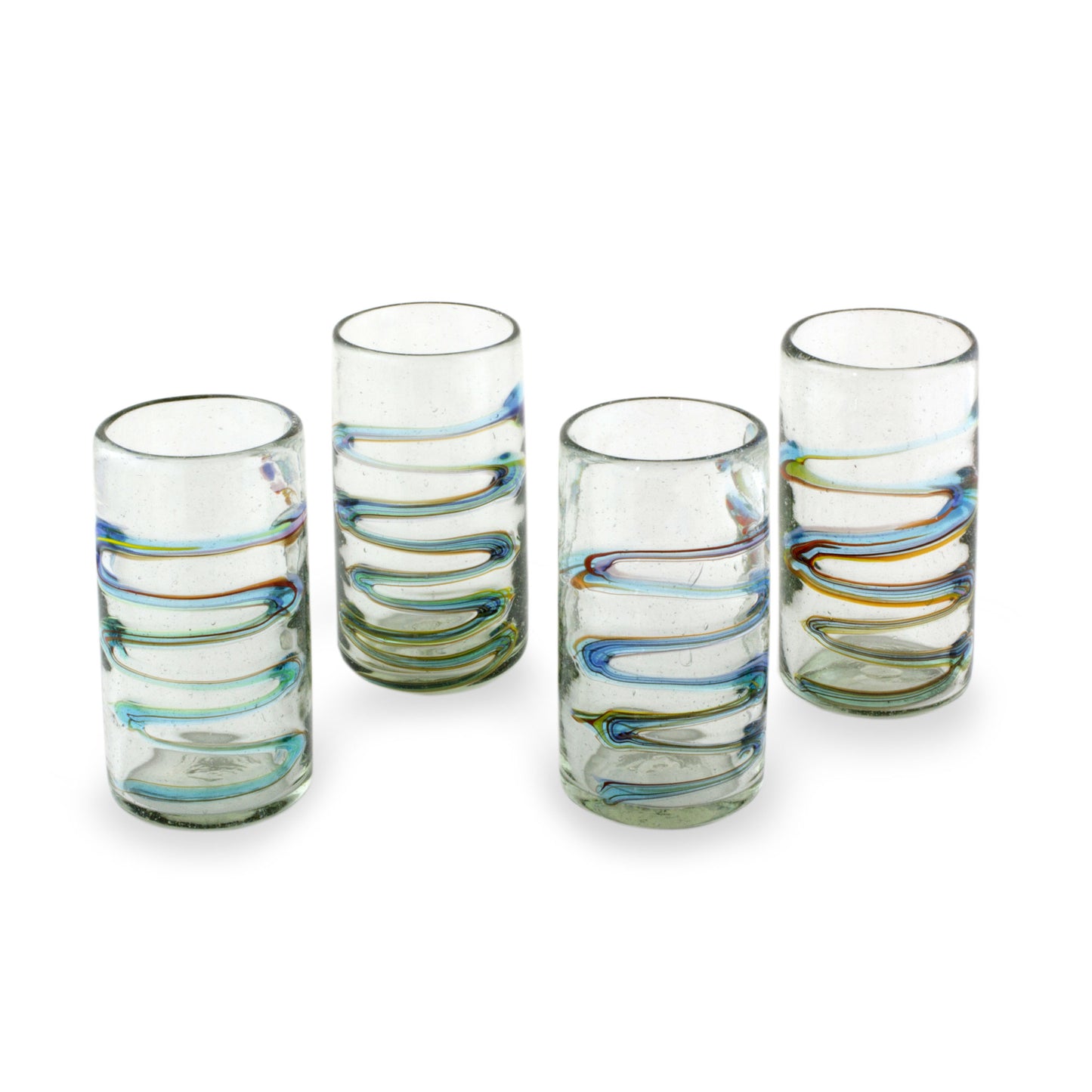 Rainbow Ripple Tumbler Glasses Hand Blown Glass Art 11 oz  (Set of 4)