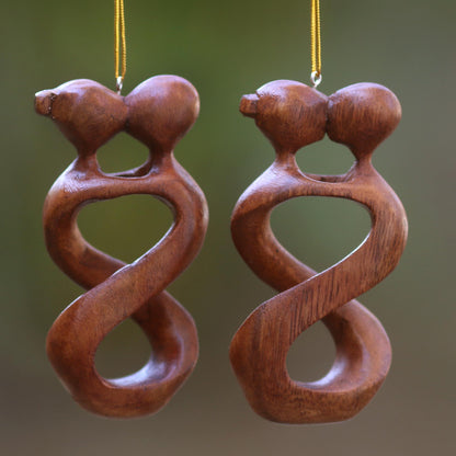 Spinning Kiss Set of 2 Kissing Lovers Wood Ornaments Hand Carved in Bali