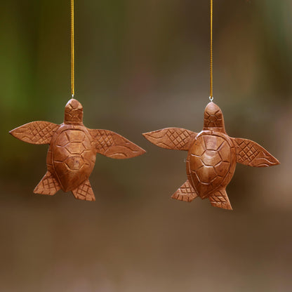 Patient Turtle 2 Turtle Wood Ornaments Artisan Crafted in Indonesia