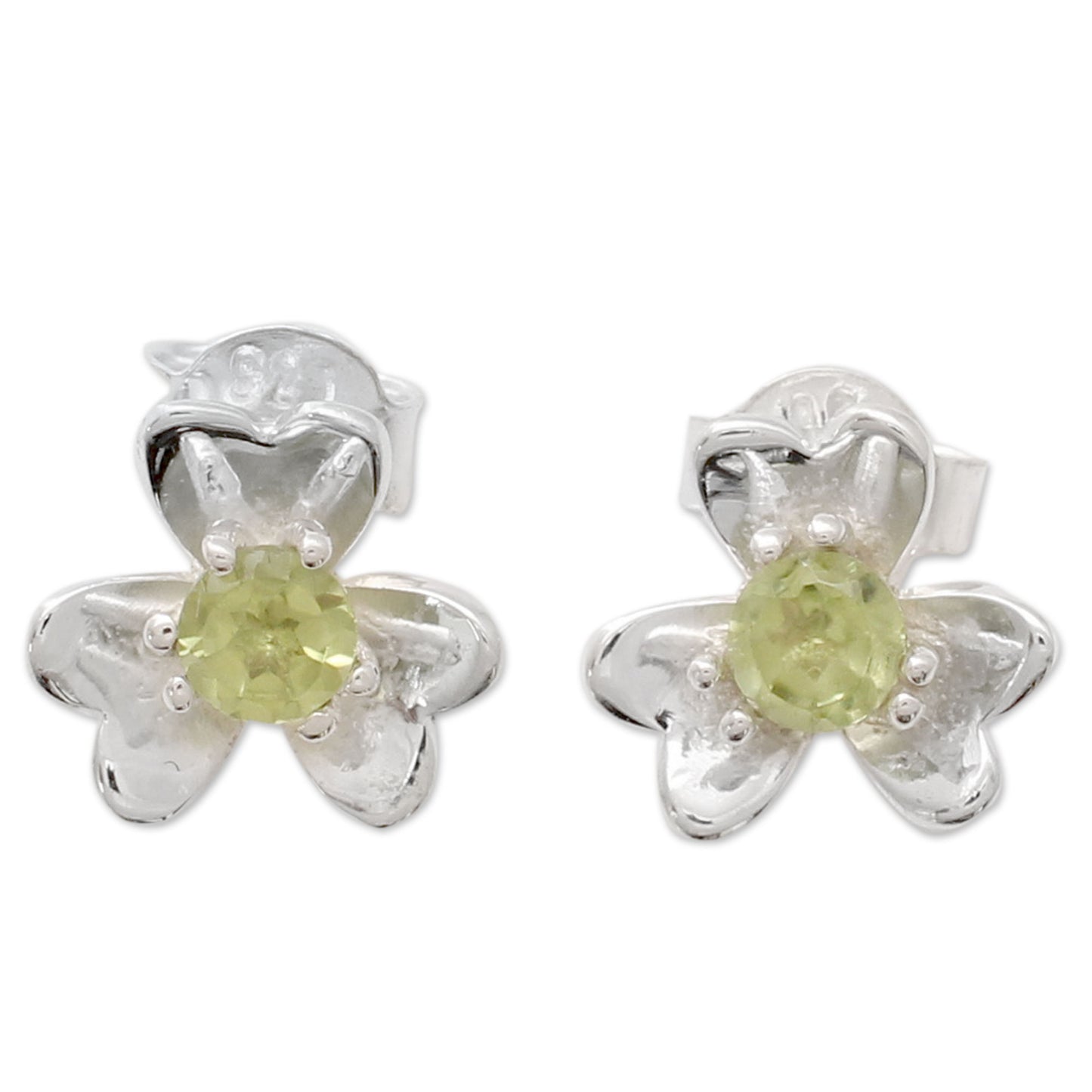 Cradle Lily Floral Peridot and Silver Button Earrings from India