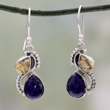 Two Teardrops Lapis Lazuli Citrine & Silver Earrings