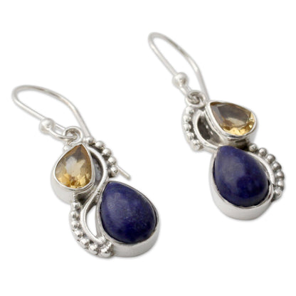 Two Teardrops Lapis Lazuli Citrine & Silver Earrings