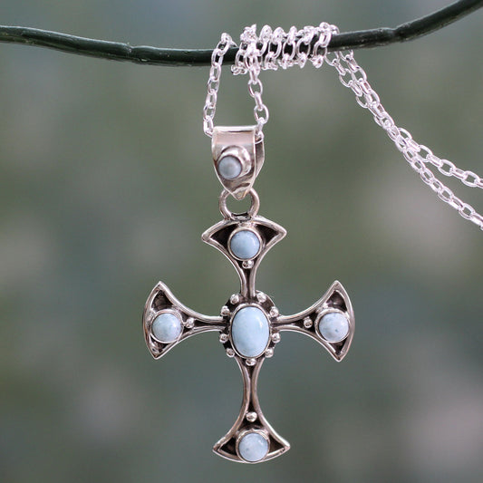 Sacred Memory Larimar and Sterling Silver Cross Pendant Necklace