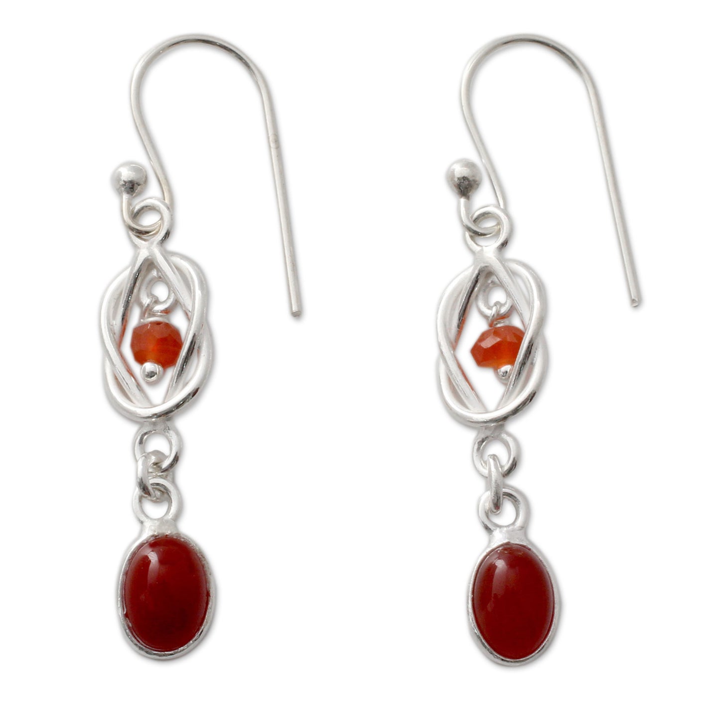 Festive Knot Artisan Crafted Sterling Silver and Red Onyx Dangle Earrings