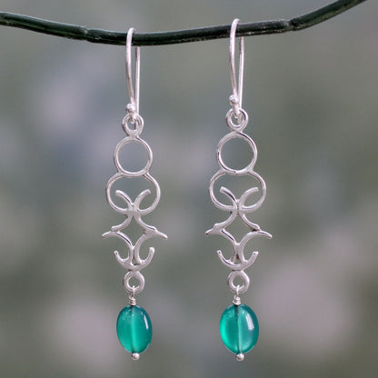 Forest Trellis Polished Silver Dangle Earrings with Green Onyx Beads