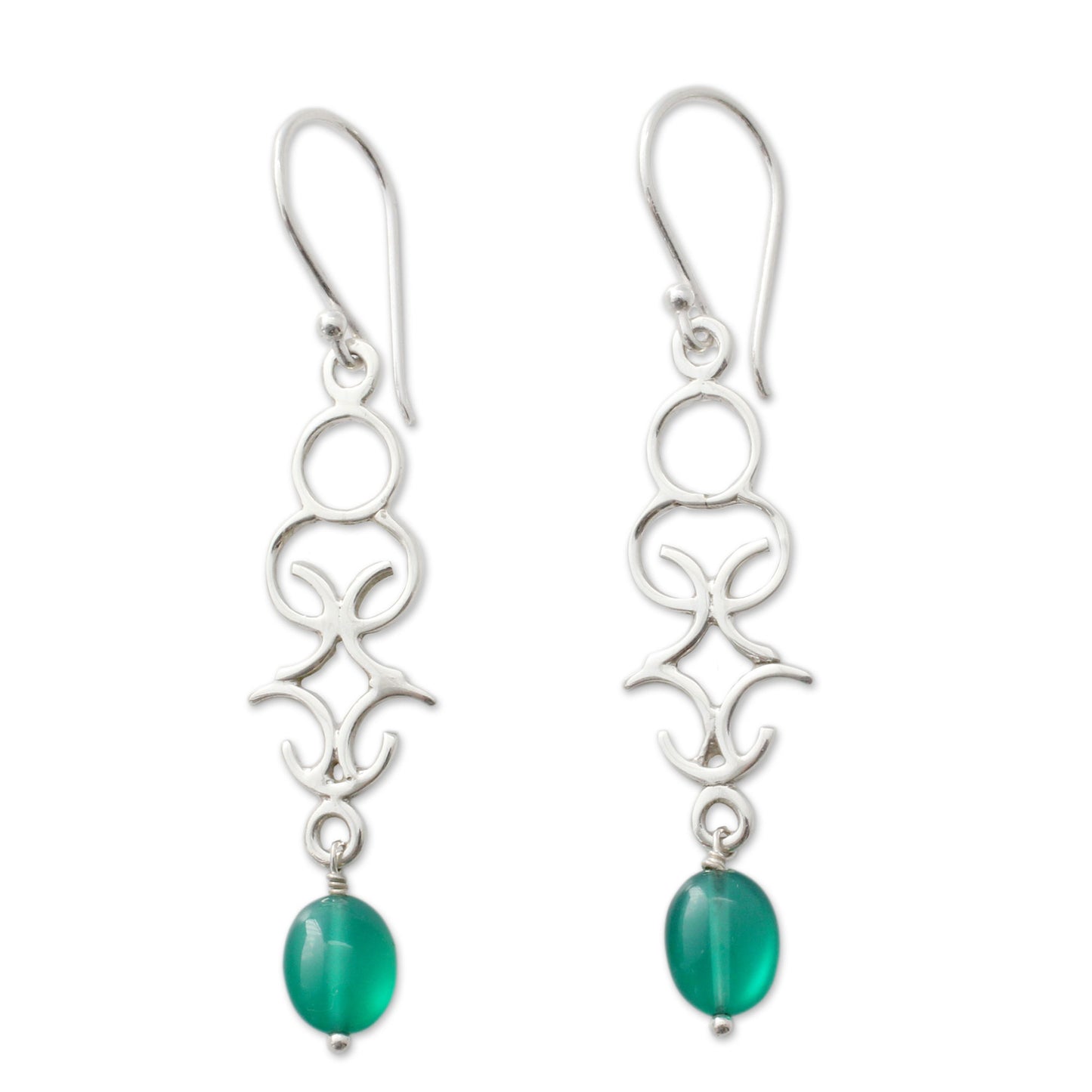 Forest Trellis Polished Silver Dangle Earrings with Green Onyx Beads