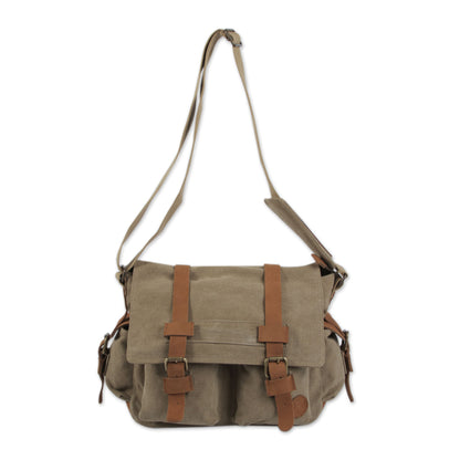 Journey to Puno Tan and Brown Leather Accent Roomy Canvas Messenger Bag