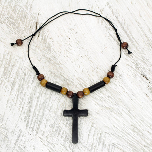 African Cross Bamboo Wood Pendant Necklace