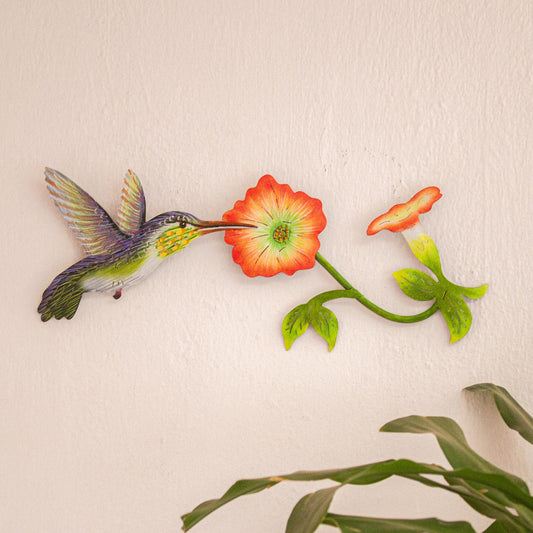 Exotic Nectar in Orange Hummingbird and Flowers Steel Wall Art Crafted by Hand