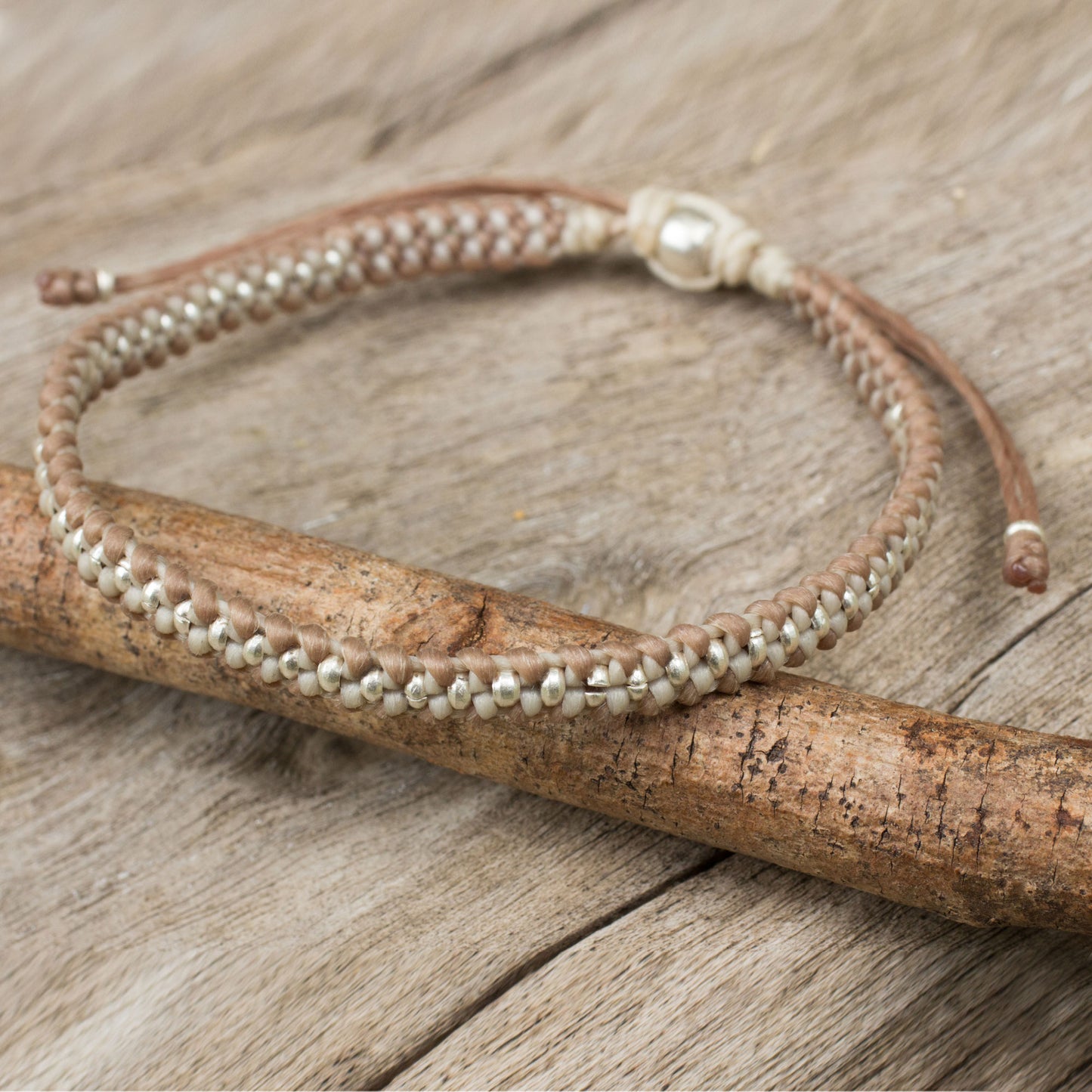 Tan Ivory Progression Macrame Bracelet in Tan and Ivory with Hill Tribe Silver