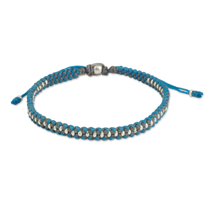 Blue Grey Progression Hand Knotted Macrame Bracelet with Hill Tribe Silver Beads