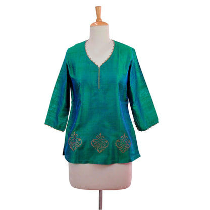 Emerald Empress Blue & Green Beaded Silk Tunic