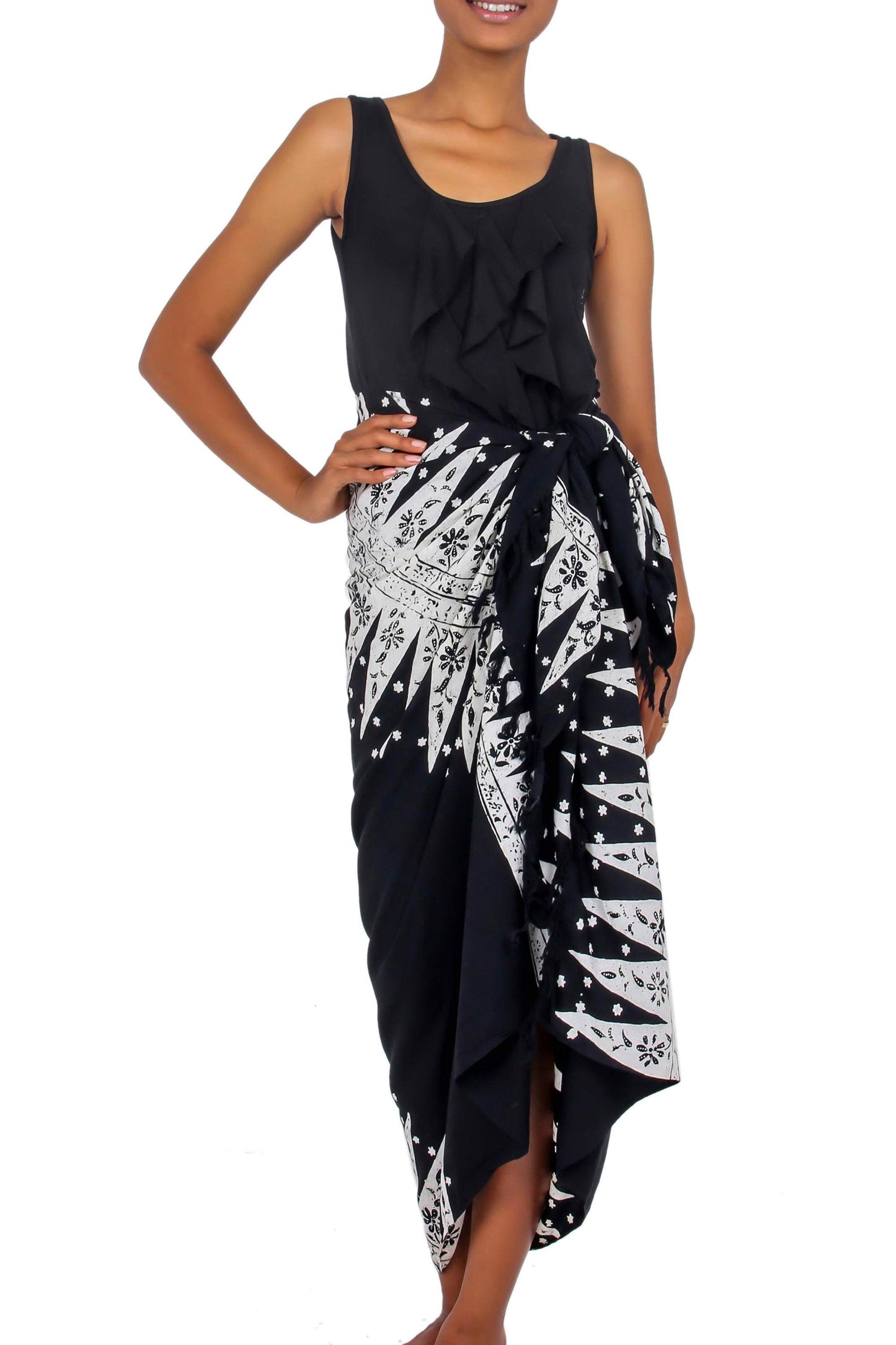 Blossoming Milkyway Black and White Hand Stamped Batik Rayon Sarong