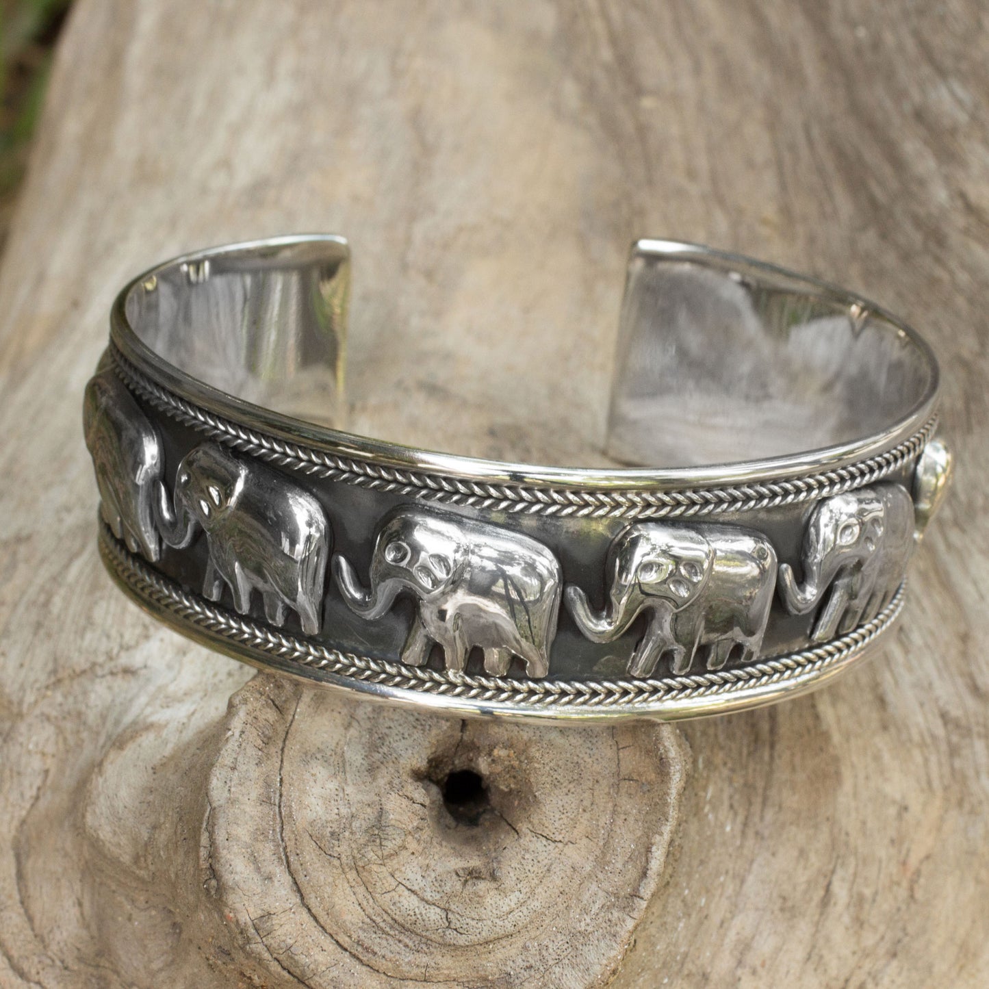 Grand Elephant Parade Silver Cuff Bracelet