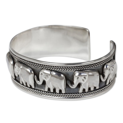 Grand Elephant Parade Silver Cuff Bracelet