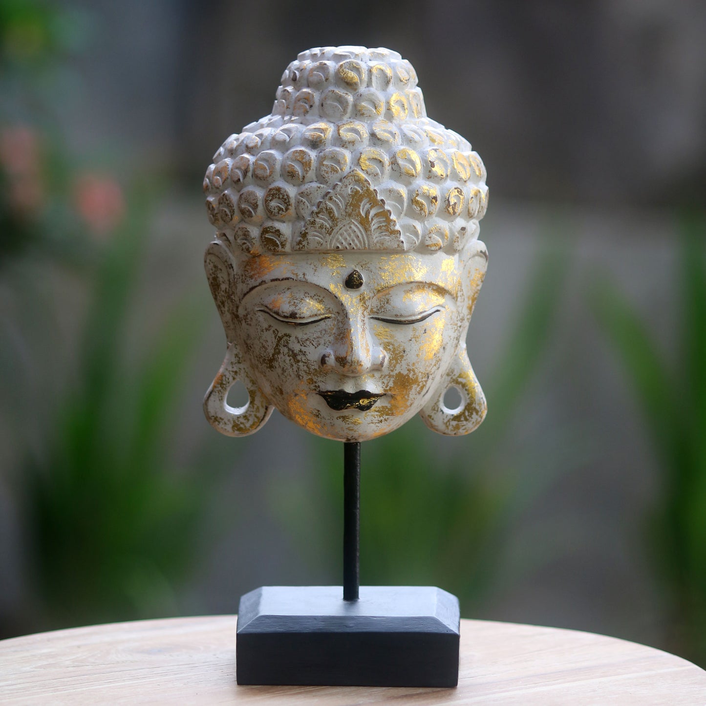Buddha's Golden Peace Buddhism Hand-carved Wood Bust Sculpture with Stand
