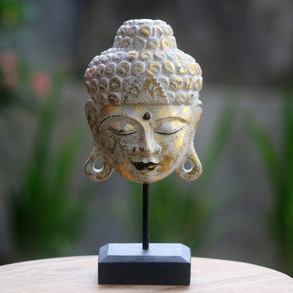 Buddha's Golden Peace Buddhism Hand-carved Wood Bust Sculpture with Stand