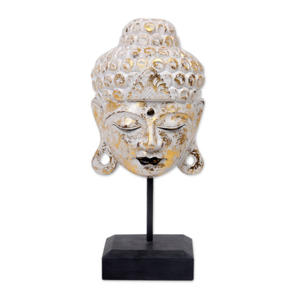 Buddha's Golden Peace Buddhism Hand-carved Wood Bust Sculpture with Stand