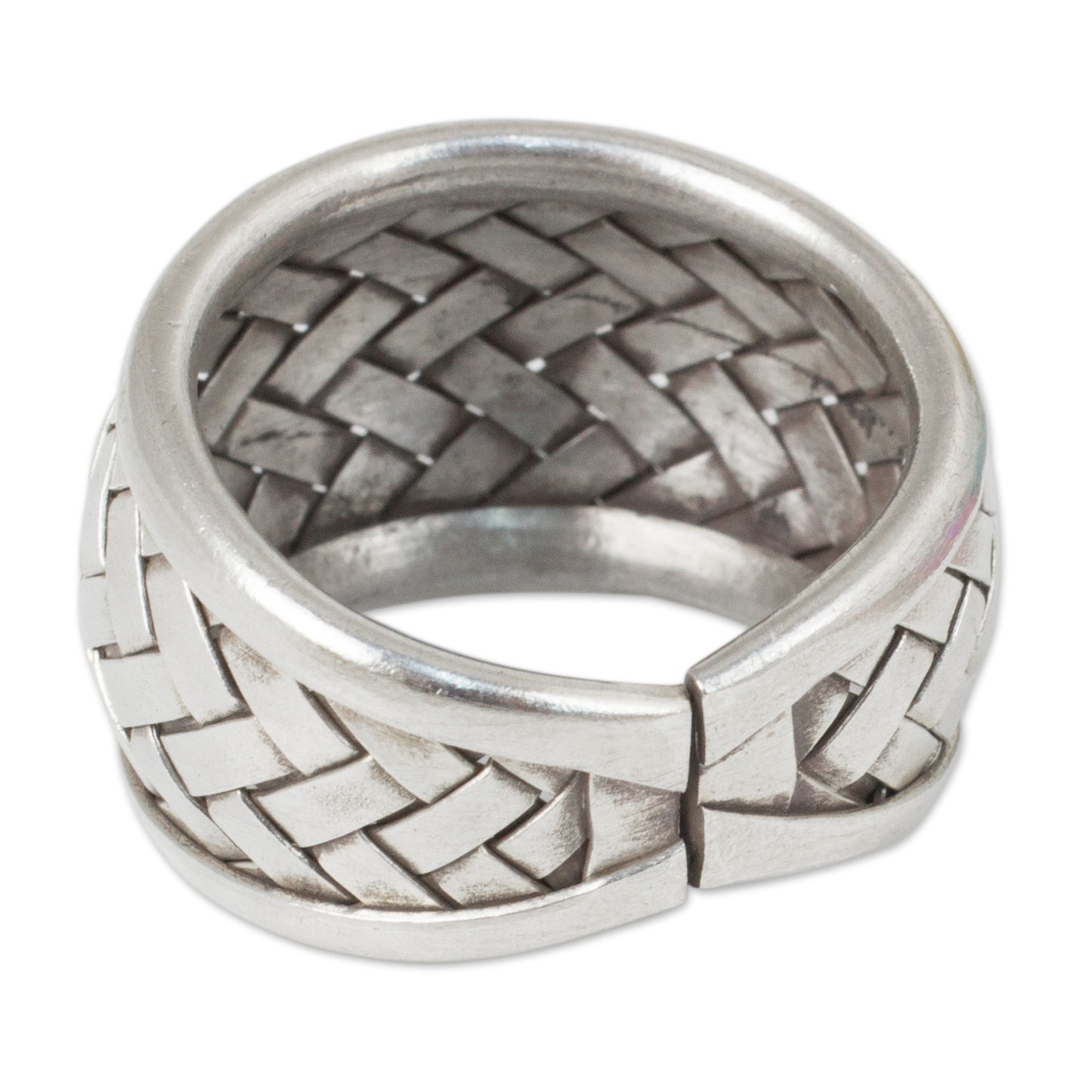 Weaving Fantasies Modern Silver Band Ring with Woven Textures Crafted by Hand