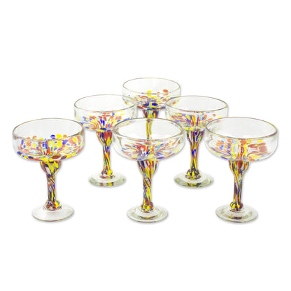 Confetti Festival Set of 6 Multicolor Hand Blown Glass Margarita Glasses