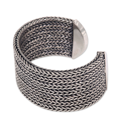 Horseshoe Braids Wide Textured Sterling Silver Cuff Bracelet from Bali