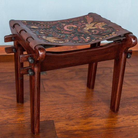 Andean Paradise Birds and Flowers Embossed on Leather and Wood Stool