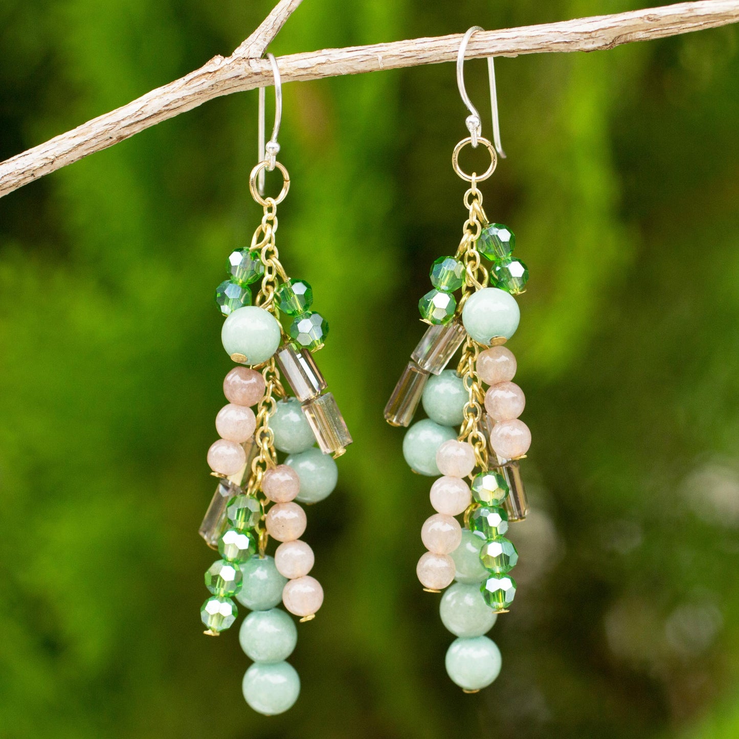 Brilliant Cascade Quartz and Glass Bead Waterfall Earrings in Green Shades