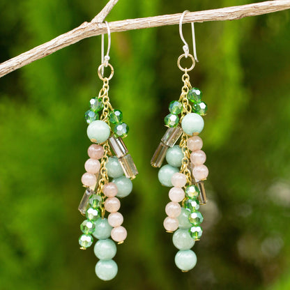 Brilliant Cascade Quartz and Glass Bead Waterfall Earrings in Green Shades