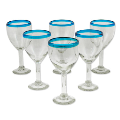 Aquamarine Kiss Clear with Aqua Rim Hand Blown 8 oz Wine Glasses (Set of 6)