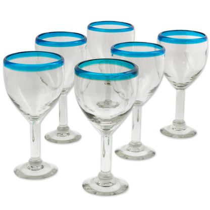Aquamarine Kiss Clear with Aqua Rim Hand Blown 8 oz Wine Glasses (Set of 6)