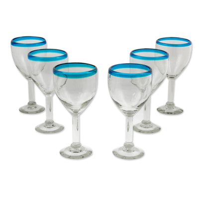 Aquamarine Kiss Clear with Aqua Rim Hand Blown 8 oz Wine Glasses (Set of 6)